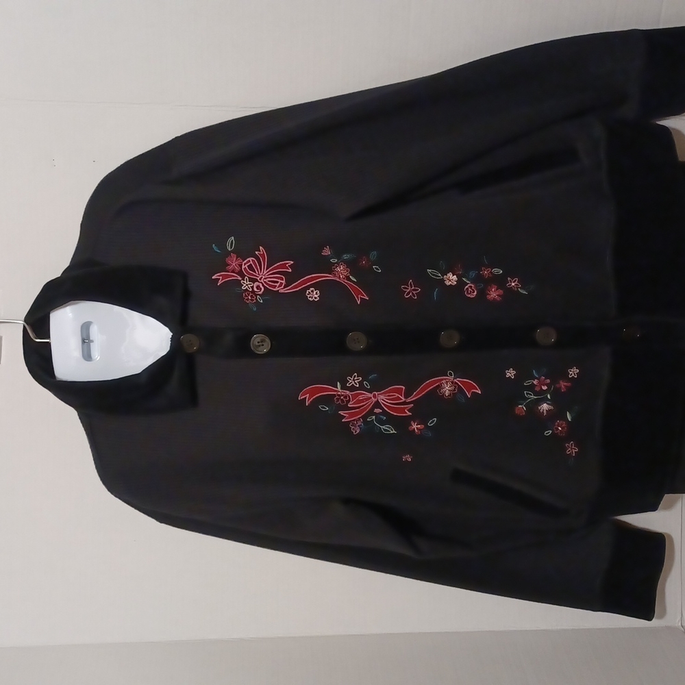 ERIKA COLLECTION Black Jacket with Flowers & Bows. Size L